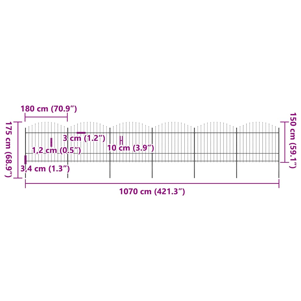 Garden Fence with Spear Top Steel 1070x175 cm Black