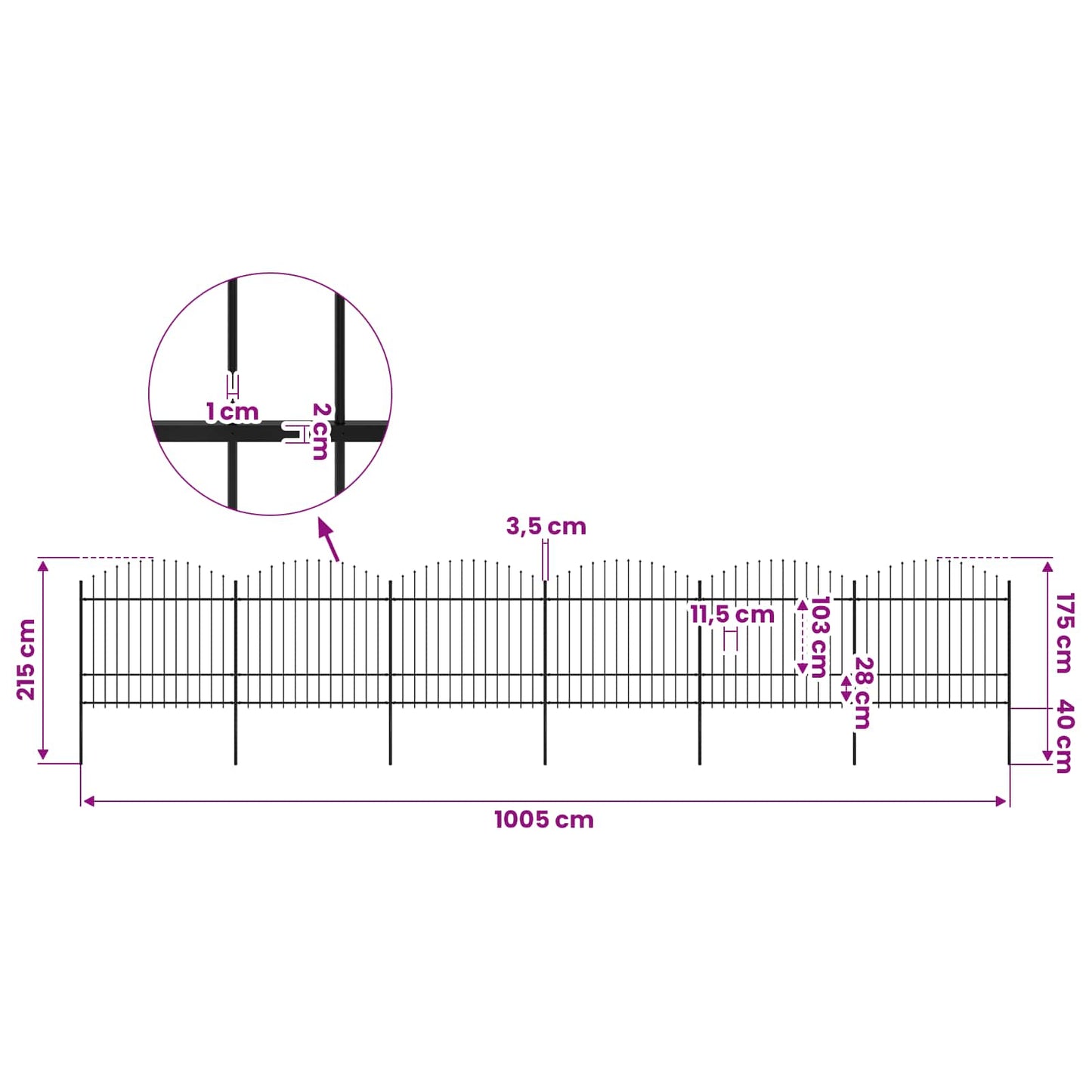 Garden Fence with Spear Top Steel 1005x175 cm Black