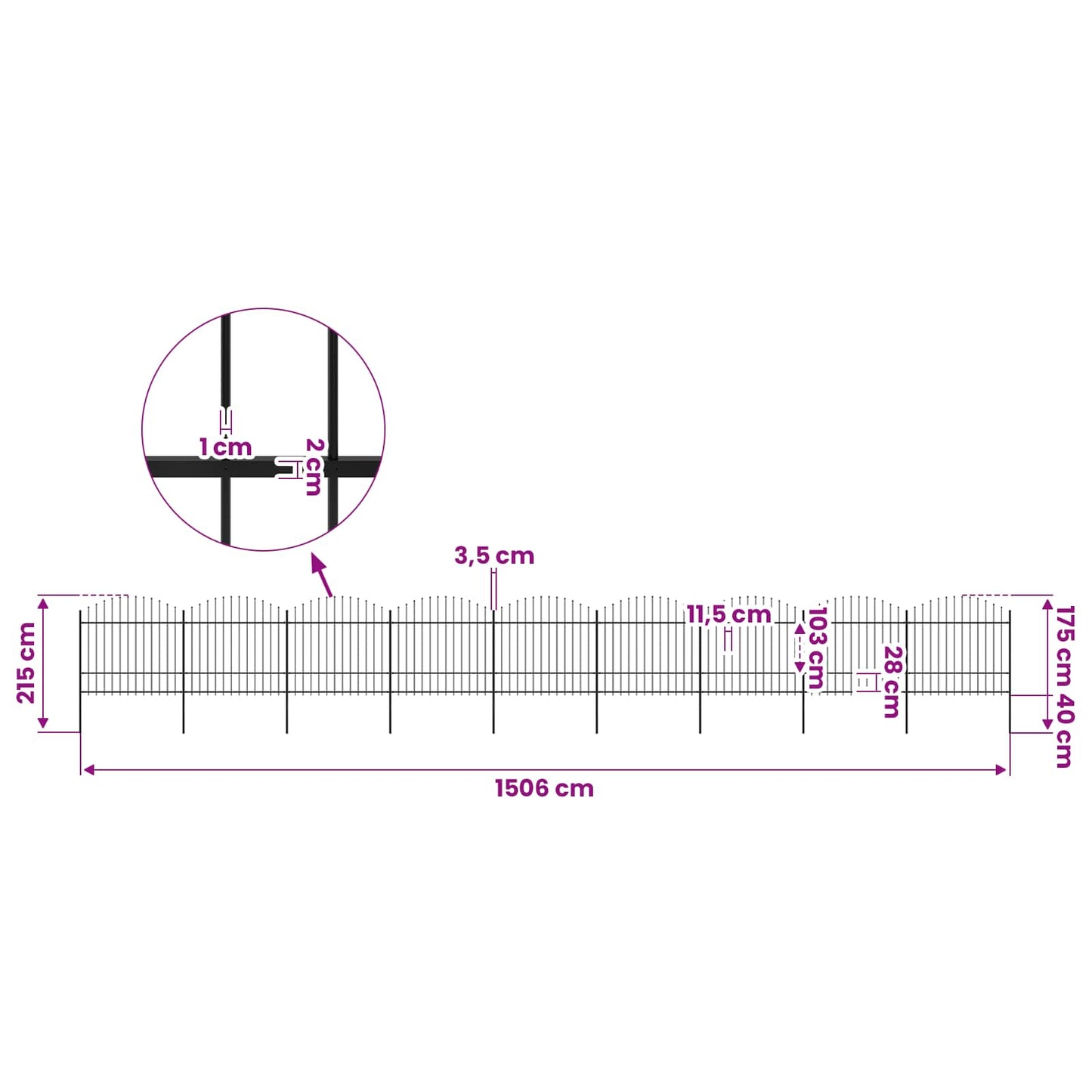 Garden Fence with Spear Top Steel 1506x175 cm Black