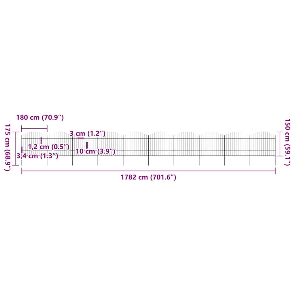 Garden Fence with Spear Top Steel 1781.5x175 cm Black