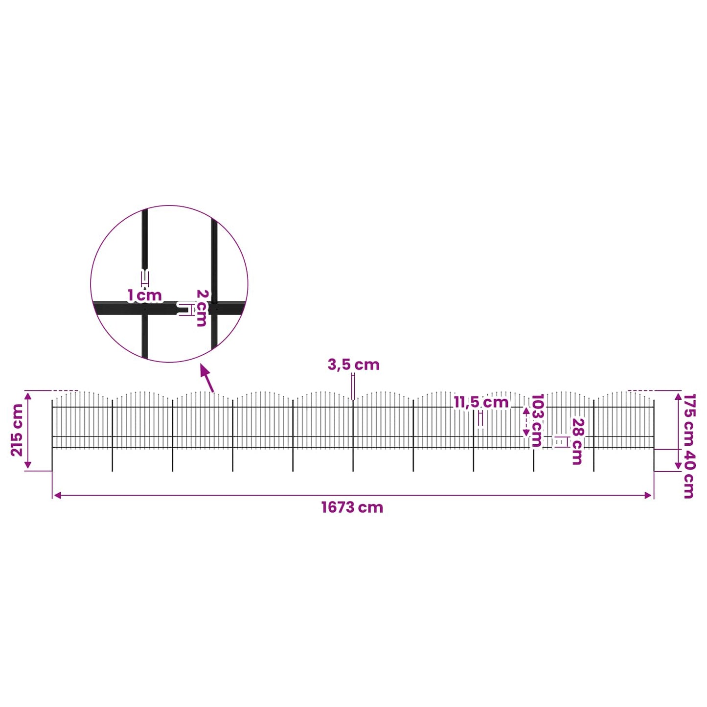 Garden Fence with Spear Top Steel 1673x175 cm Black