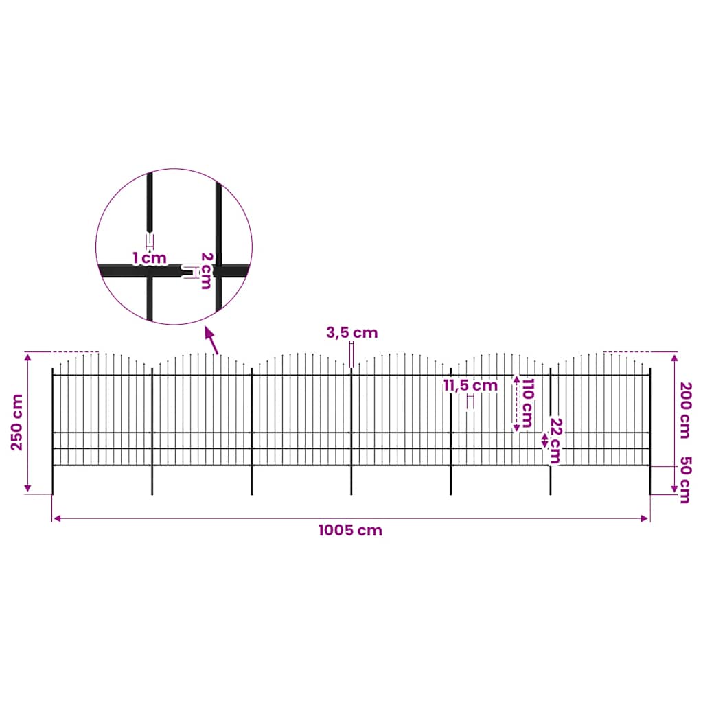Garden Fence with Spear Top Steel 1005x200 cm Black