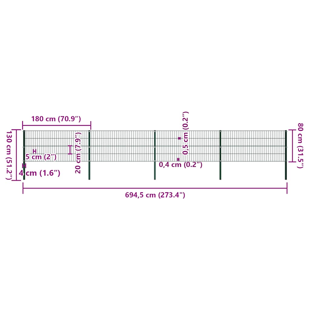 Fence Panel with Posts Iron 694,5x80 cm Green
