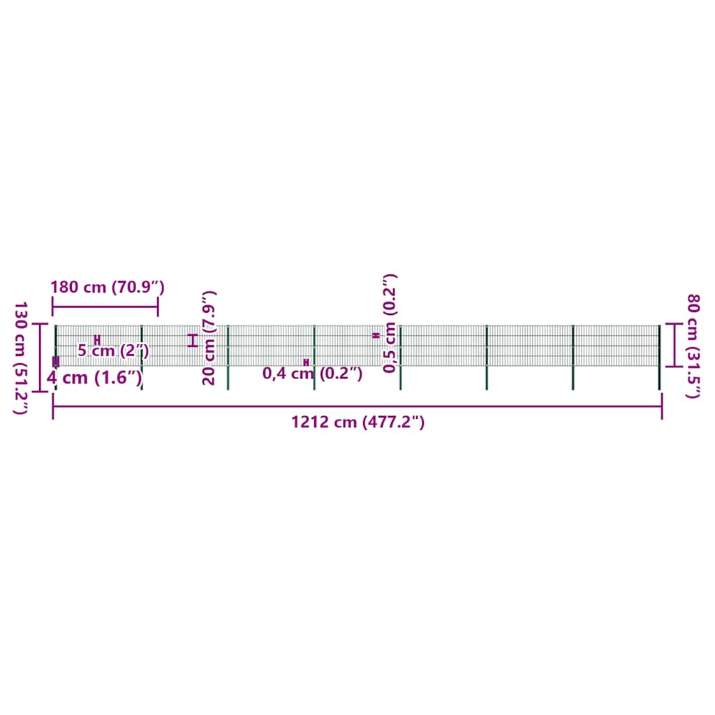 Fence Panel with Posts Iron 1212x80 cm Green