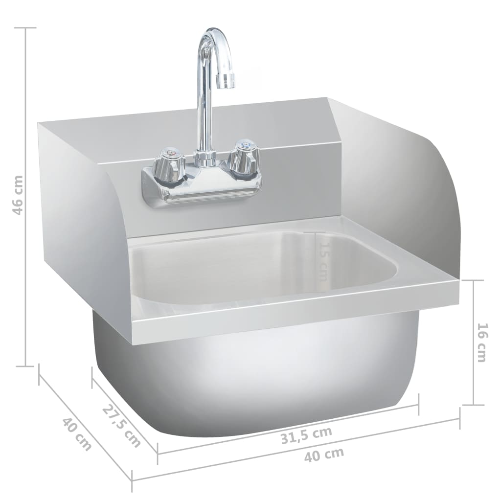 51115 vidaXL Commercial Hand Wash Sink with Faucet Stainless Steel