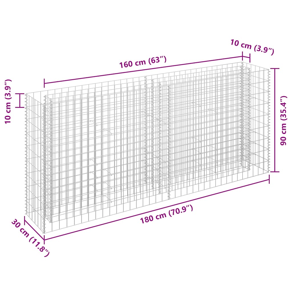 145635 vidaXL Gabion Raised Bed Galvanised Steel 180x30x90 cm