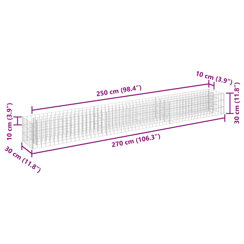 145637 vidaXL Gabion Raised Bed Galvanised Steel 270x30x30 cm