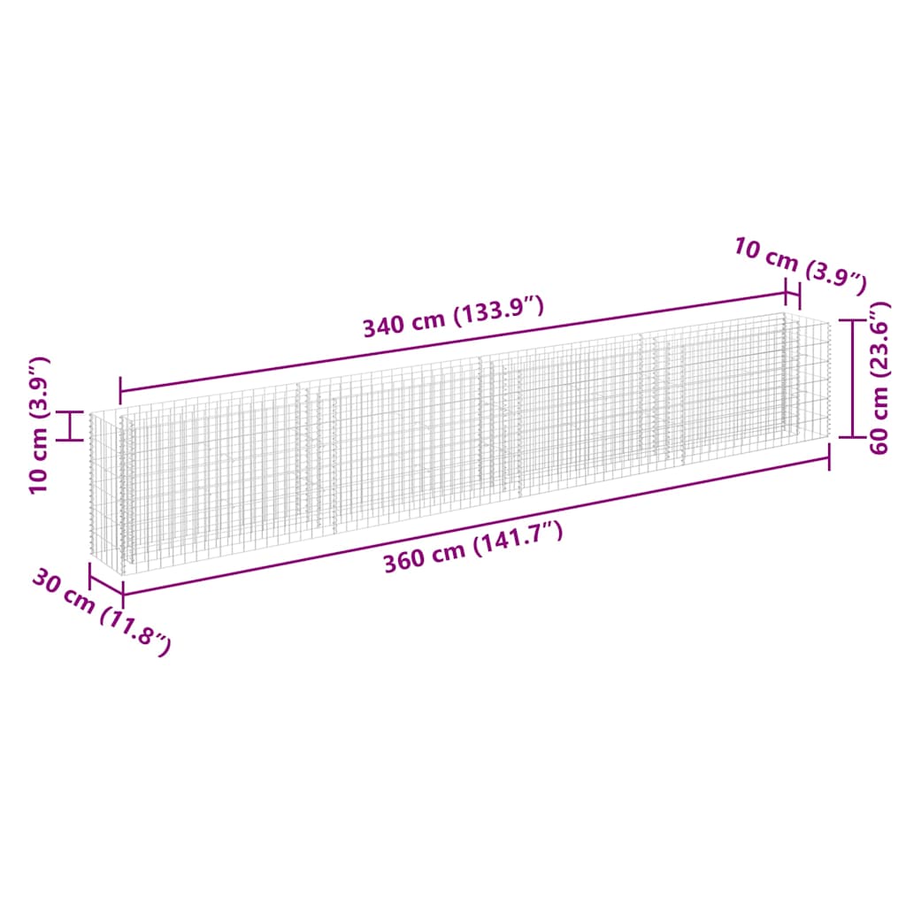 145642 vidaXL Gabion Raised Bed Galvanised Steel 360x30x60 cm