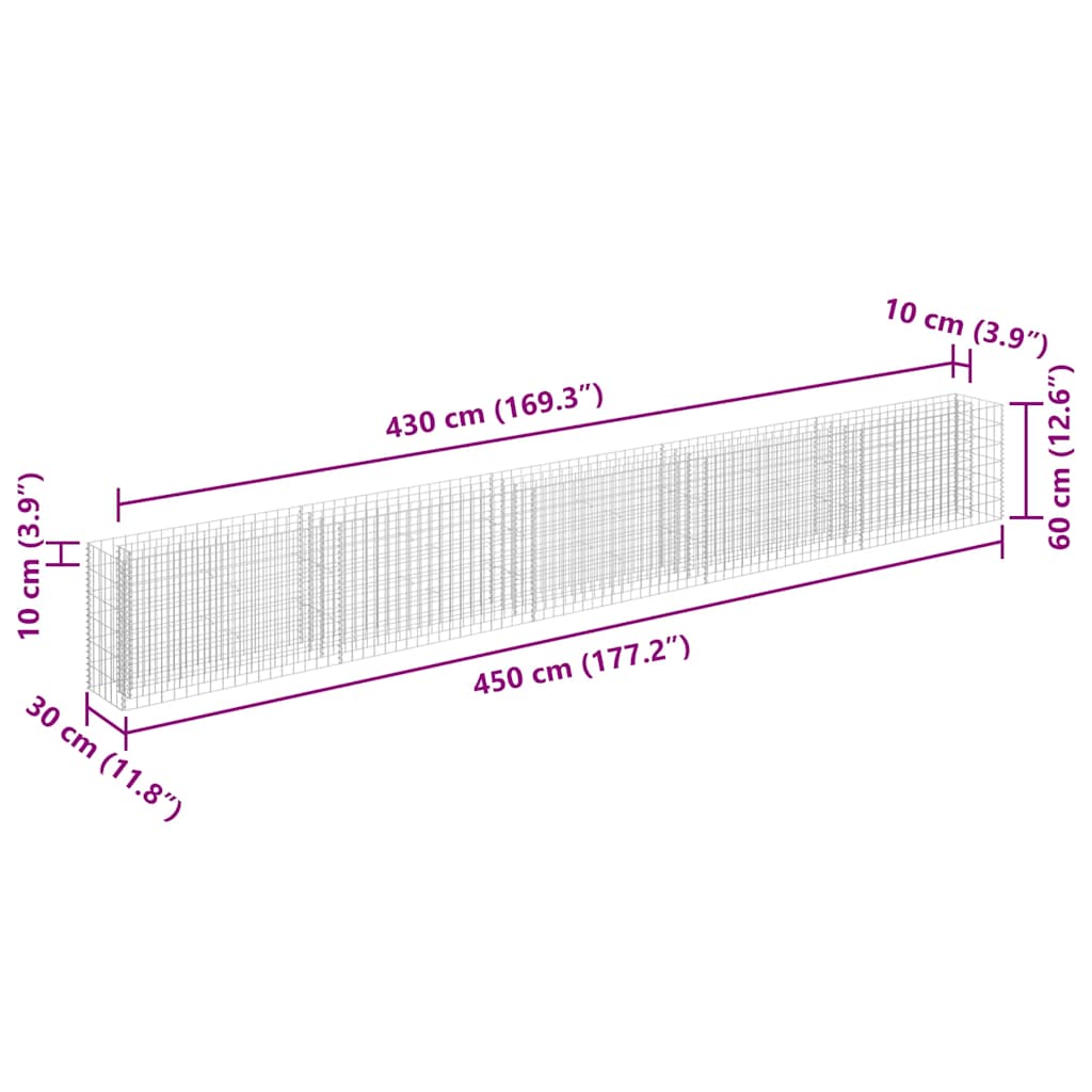 145646 vidaXL Gabion Raised Bed Galvanised Steel 450x30x60 cm