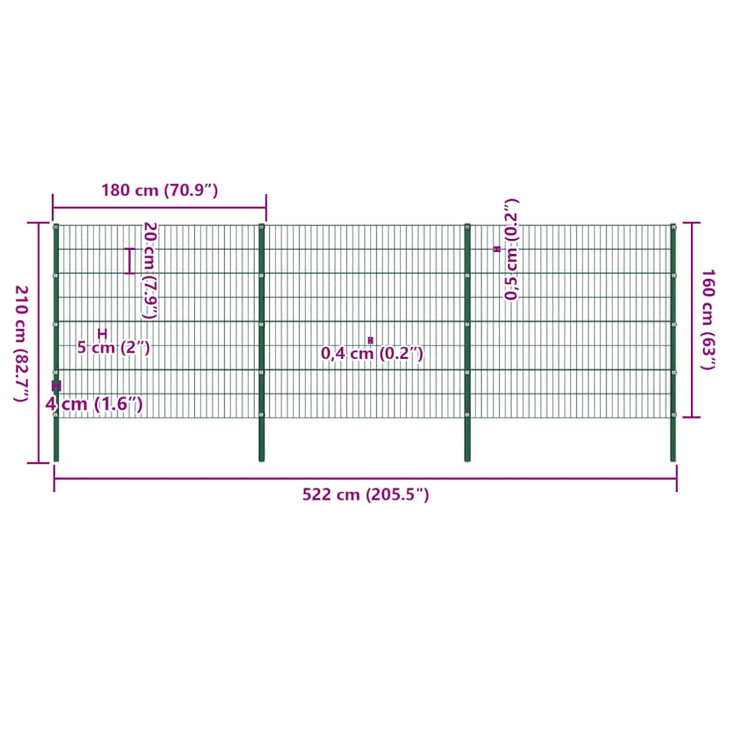 Fence Panel with Posts Iron 522x160 cm Green