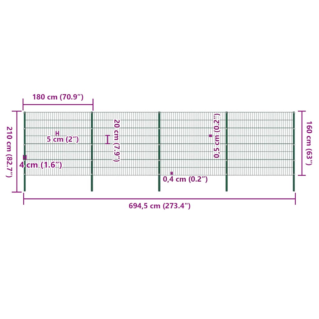 Fence Panel with Posts Iron 694.5x160 cm Green
