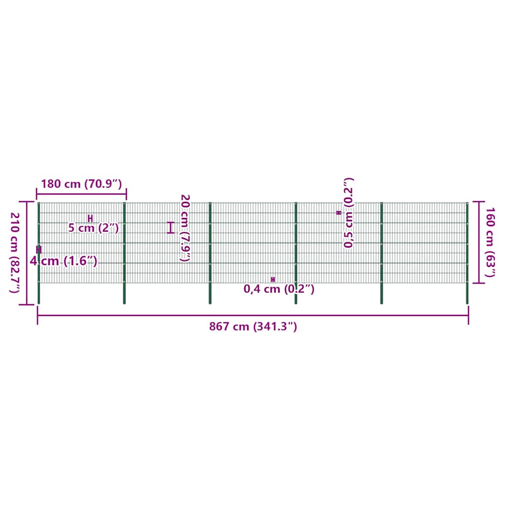 Fence Panel with Posts Iron 867x160 cm Green