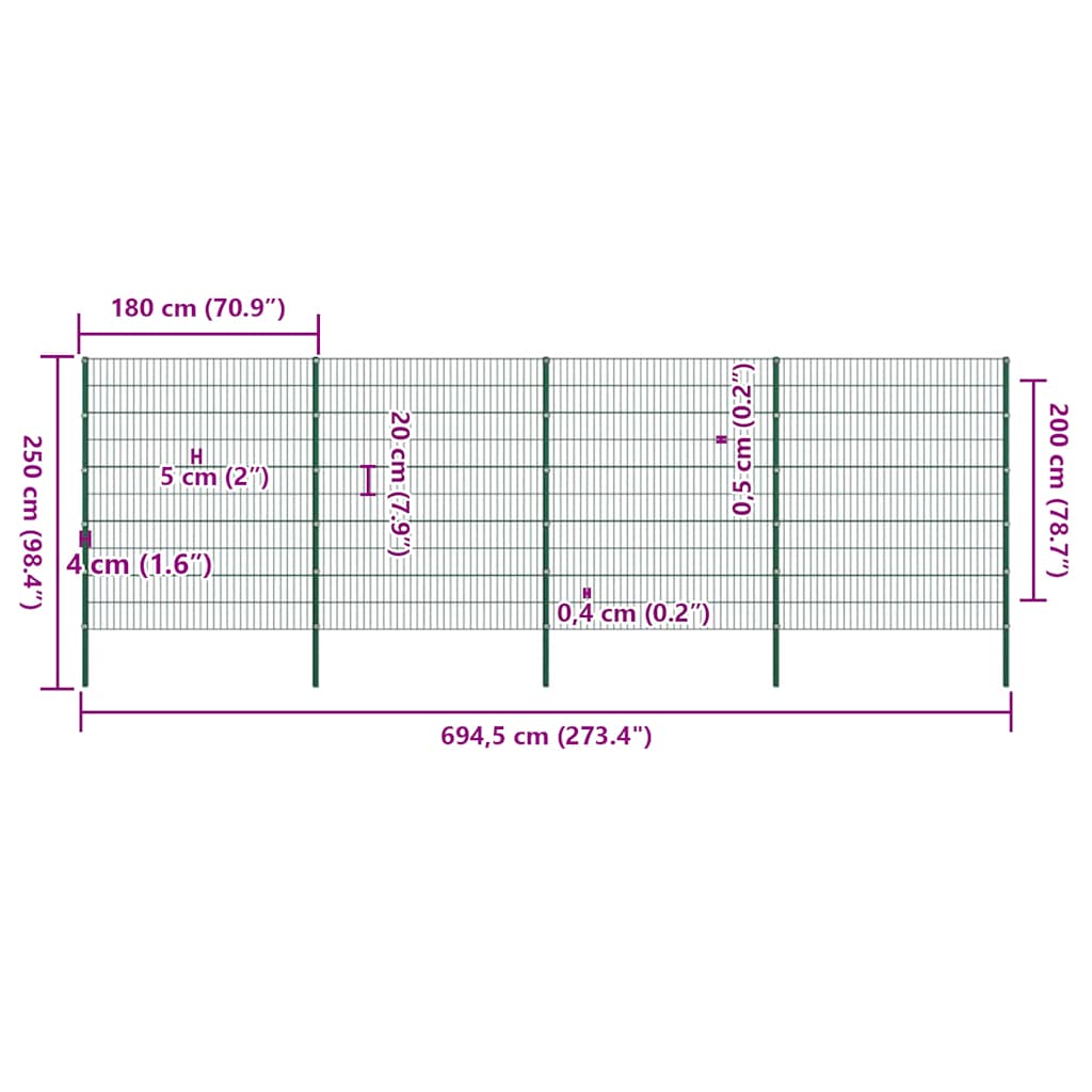 Fence Panel with Posts Iron 694,5x200 cm Green