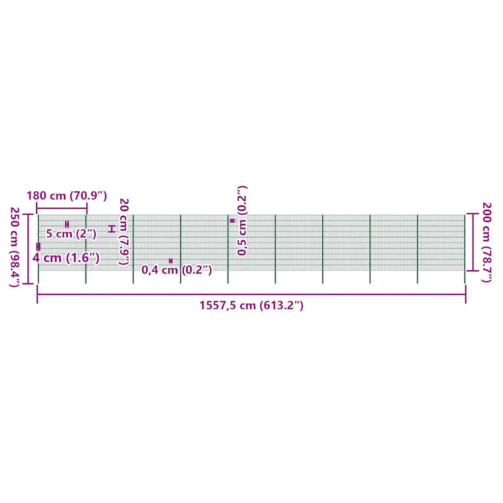 Fence Panel with Posts Iron 1557.5x200 cm Green