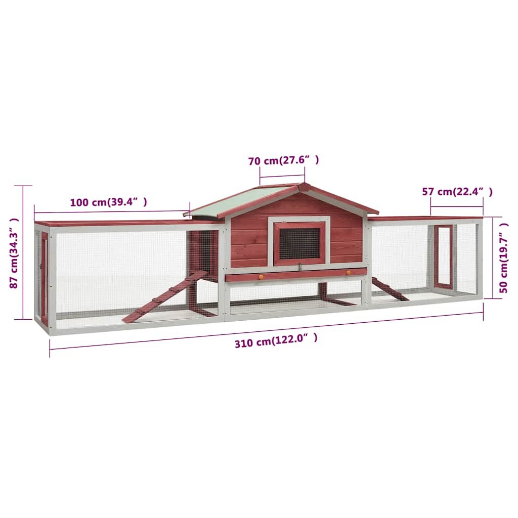 170860 vidaXL Rabbit Hutch Red 310x70x87 cm Solid Pine & Fir Wood