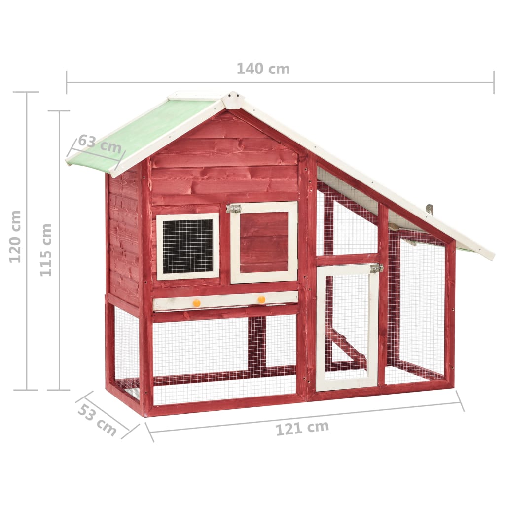 170871 vidaXL Rabbit Hutch Red and White 140x63x120 cm Solid Firwood
