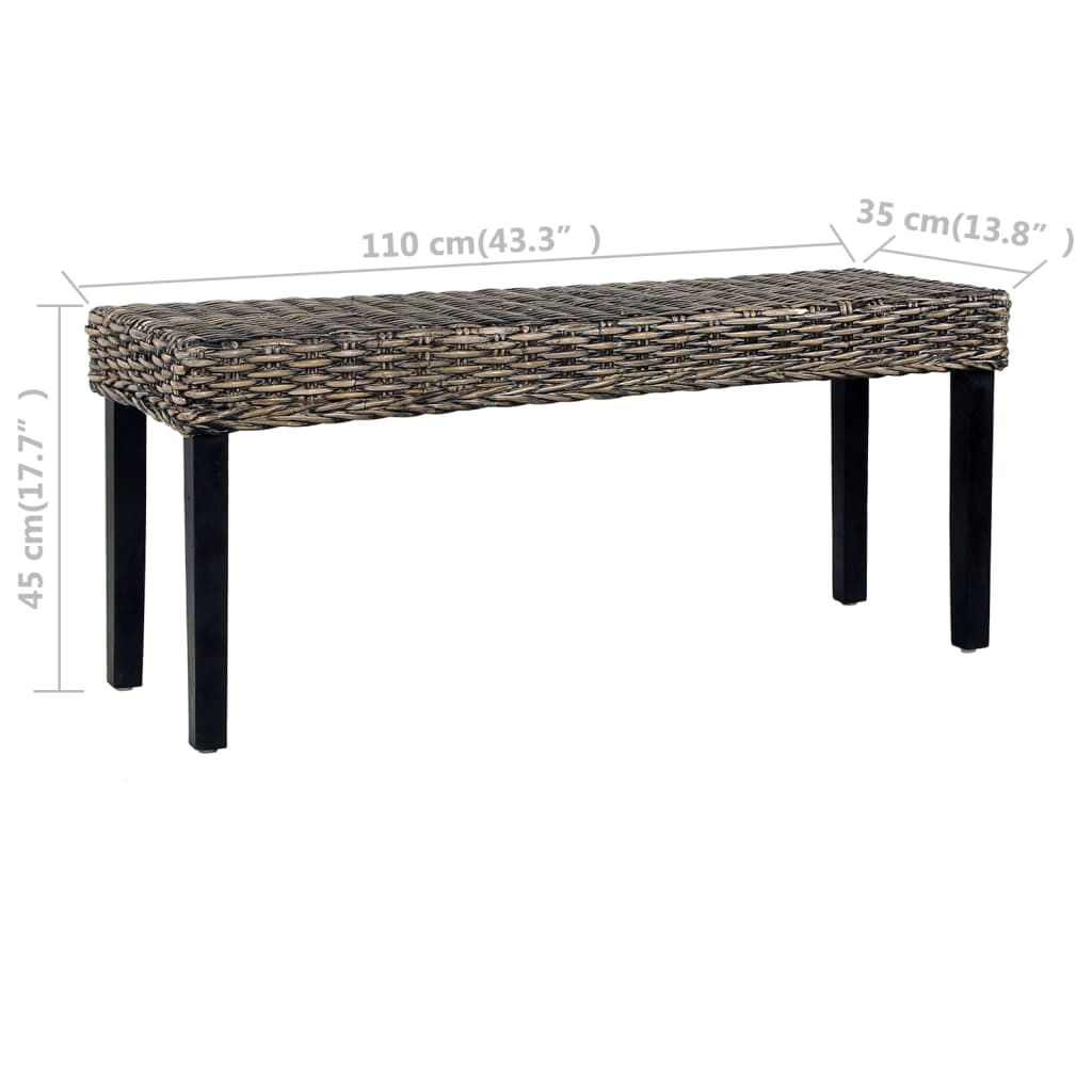 285790 vidaXL Bench 110 cm Black Natural Kubu Rattan and Solid Mahogany Wood