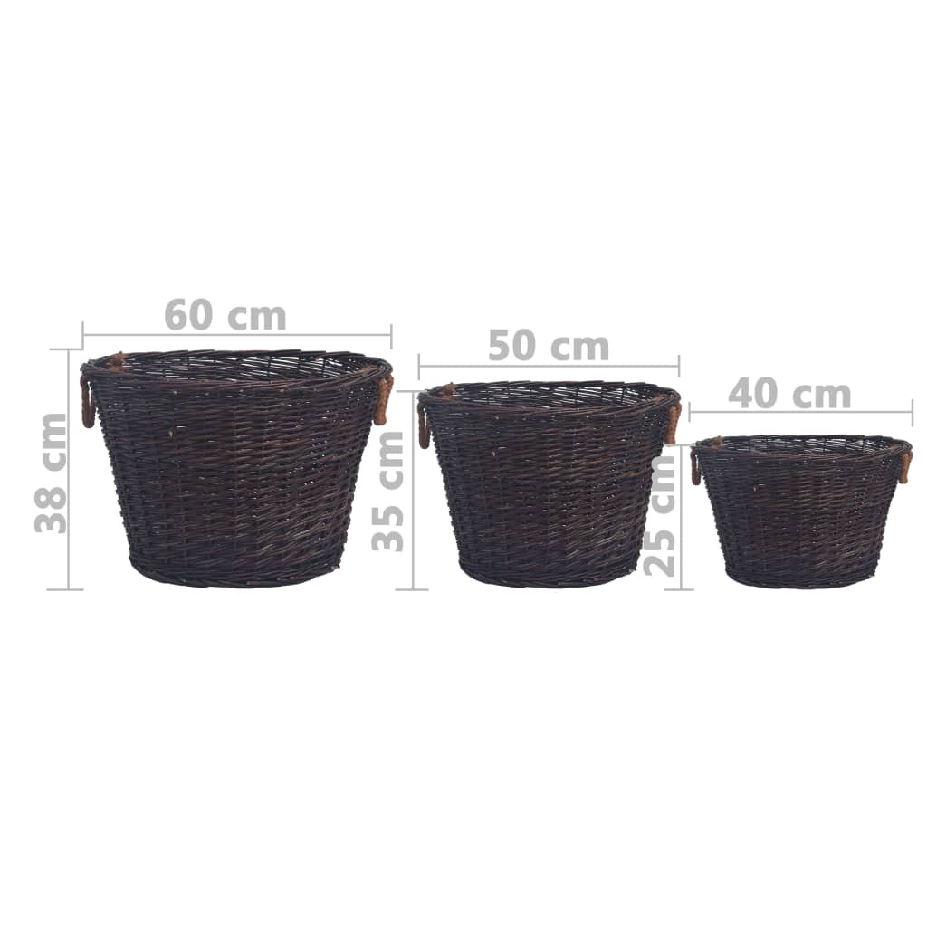 286986 vidaXL 3 Piece Stackable Firewood Basket Set Dark Brown Willow