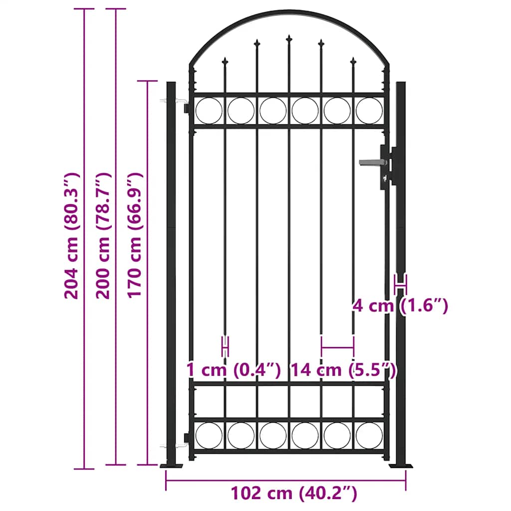 Fence Gate ASSEN with Arched Top and 2 Posts 105x170 cm Black