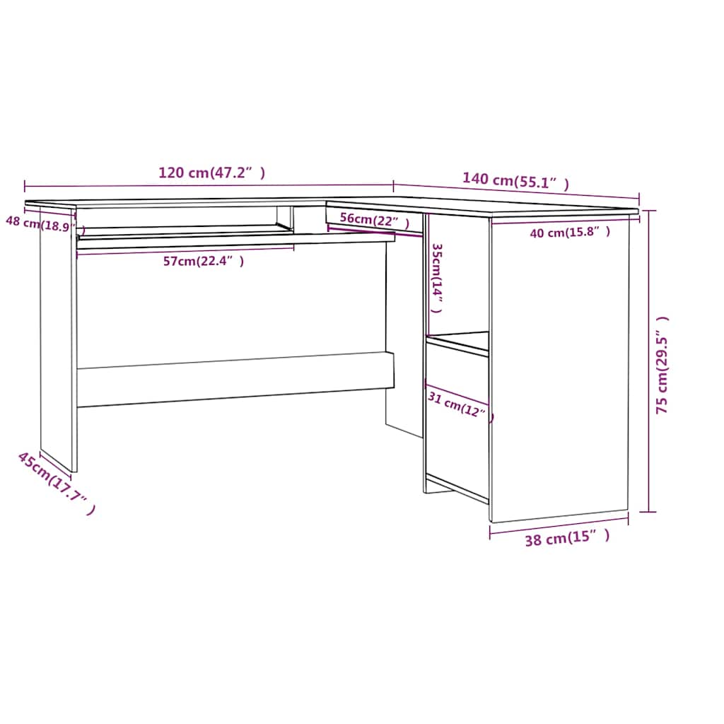 L-Shaped Corner Desk Concrete Grey 120x140x75cm Engineered Wood