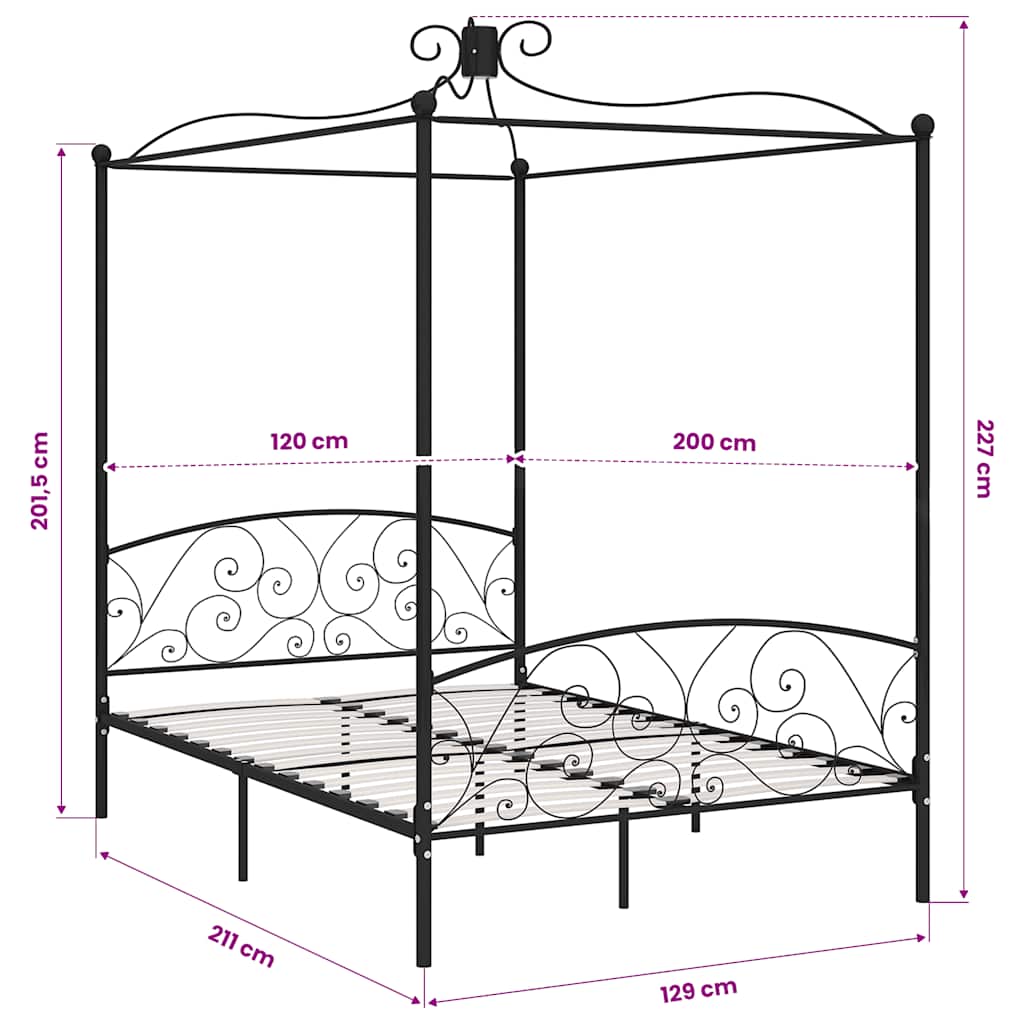 Canopy Bed Frame without Mattress Black Metal 120x200 cm