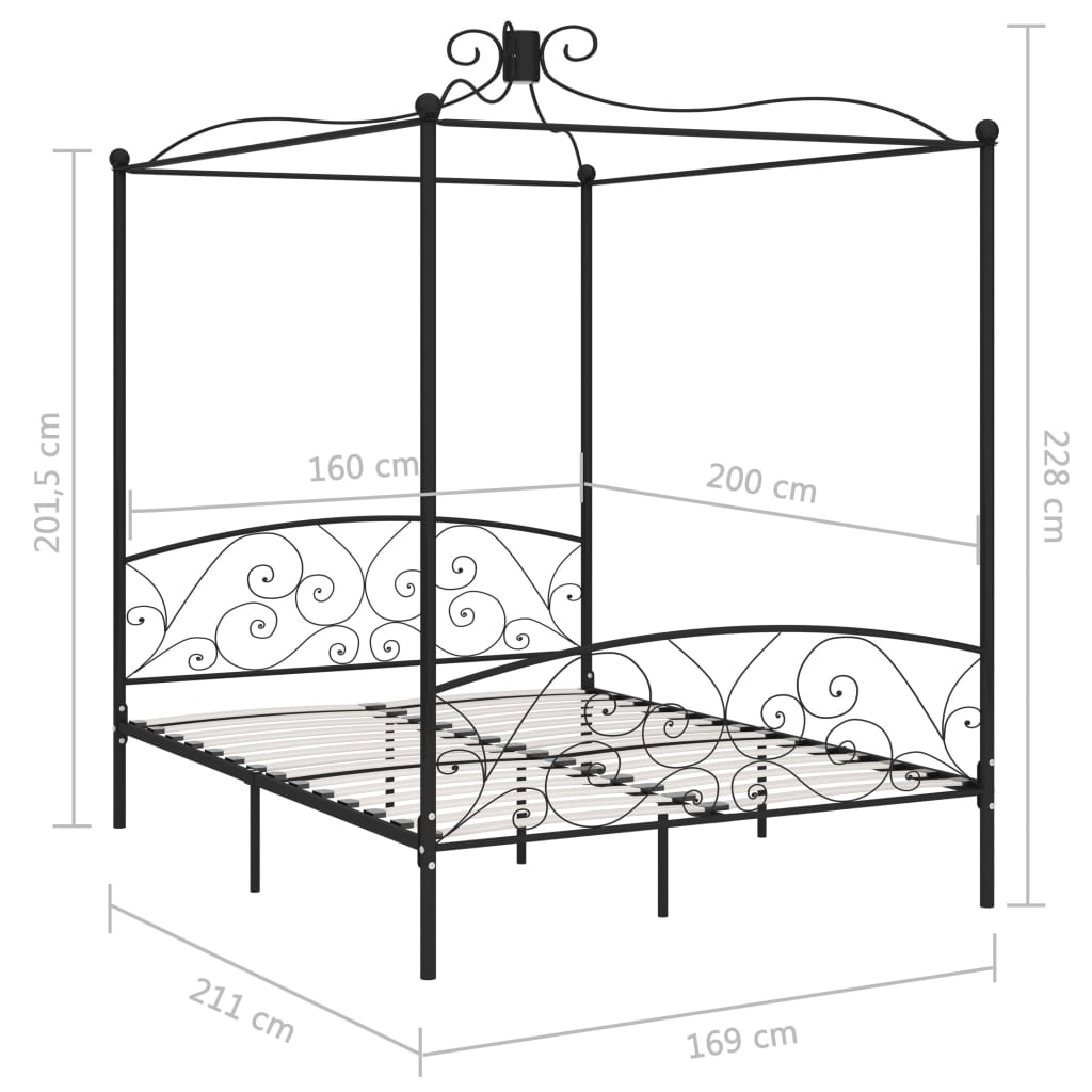 Canopy Bed Frame without Mattress Black Metal 160x200 cm