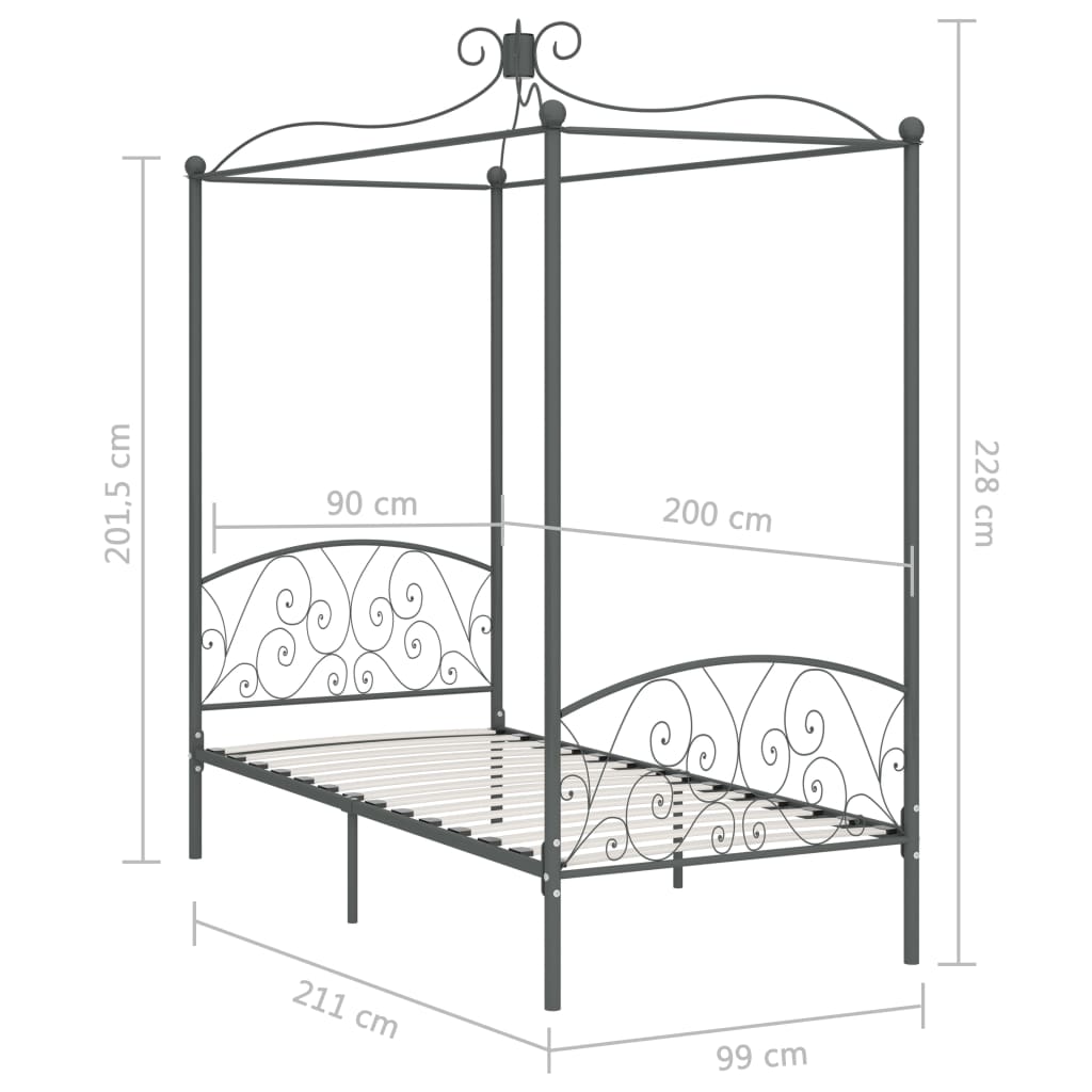 Canopy Bed Frame without Mattress Grey Metal 90x200 cm