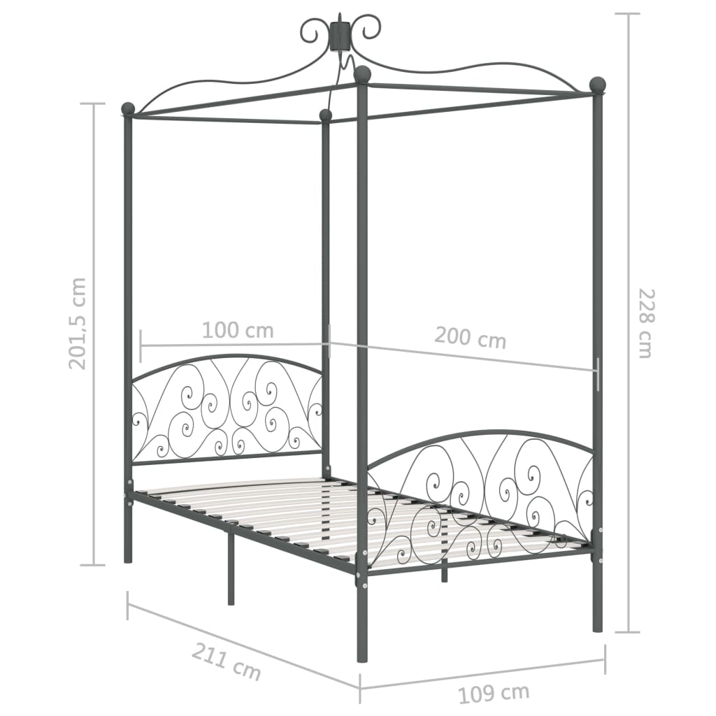 Canopy Bed Frame without Mattress Grey Metal 100x200 cm