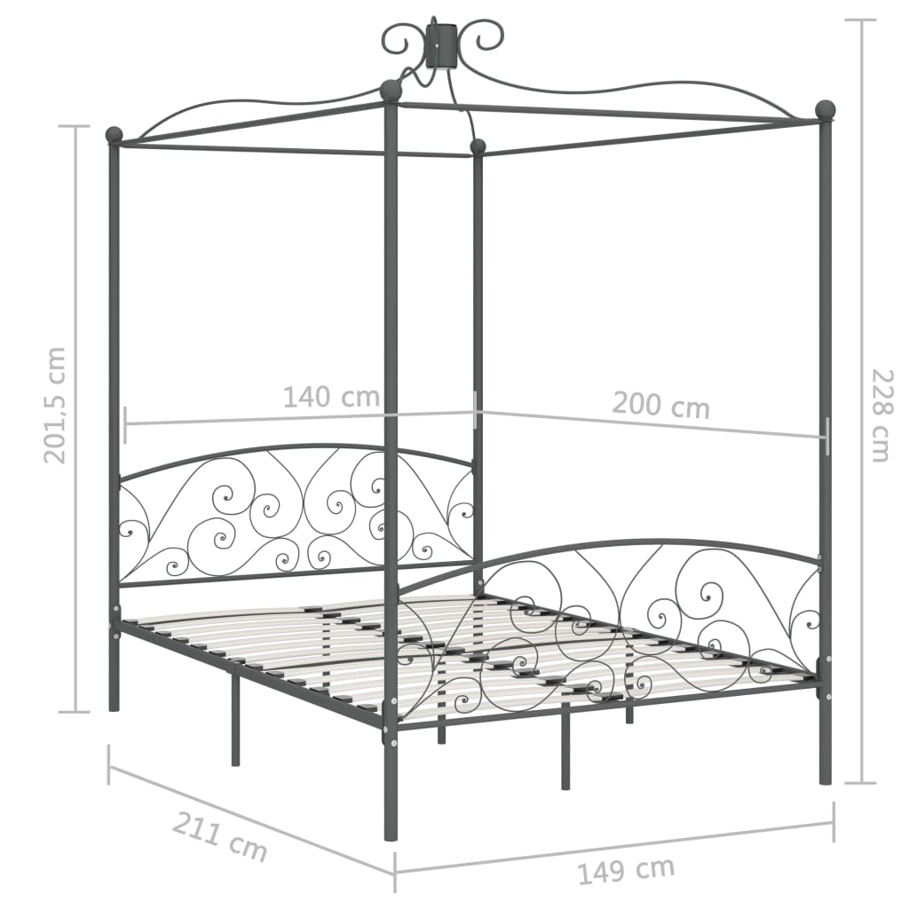 Canopy Bed Frame without Mattress Grey Metal 140x200 cm
