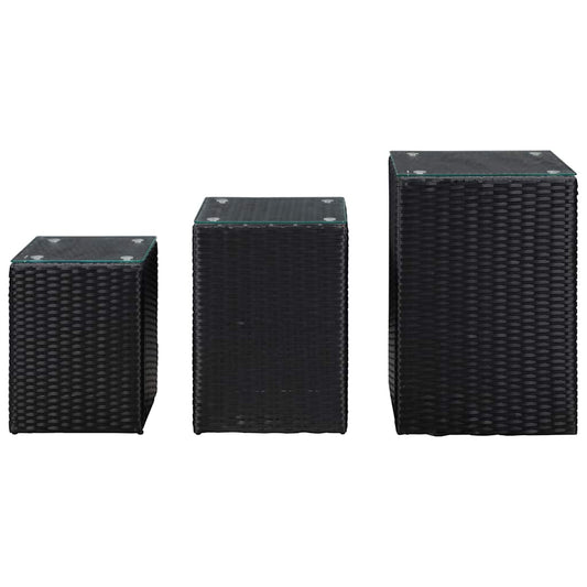 Side Tables 3 pcs with Glass Top Black Poly Rattan Side Tables 3 pcs with Glass Top Black Poly Rattan