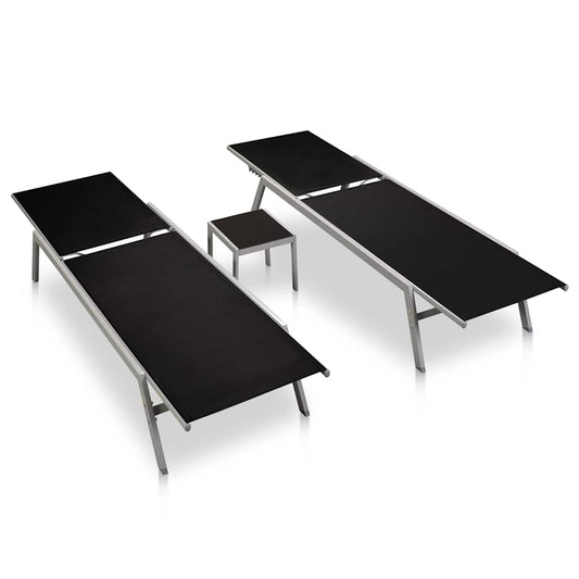 Sun Loungers 2 pcs with Table Steel and Textilene Black Sun Loungers 2 pcs with Table Steel and Textilene Black