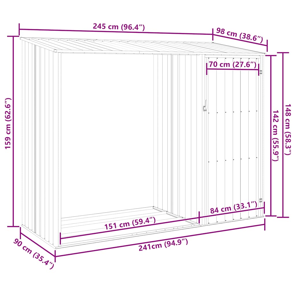 46295 vidaXL Garden Firewood Shed Anthracite 245x98x159 cm Galvanised Steel