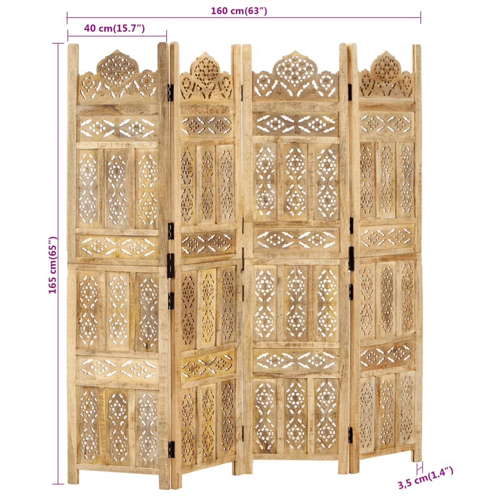 Hand carved 4-Panel Room Divider 160x165 cm Solid Mango Wood