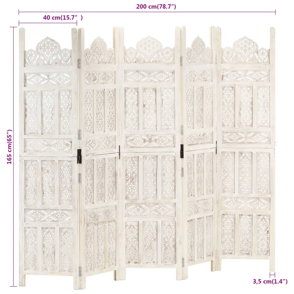 Hand carved 5-Panel Room Divider White 200x165 cm