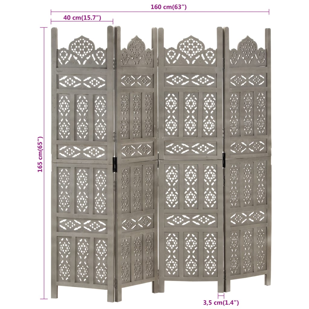 Hand carved 4-Panel Room Divider Grey 160x165 cm