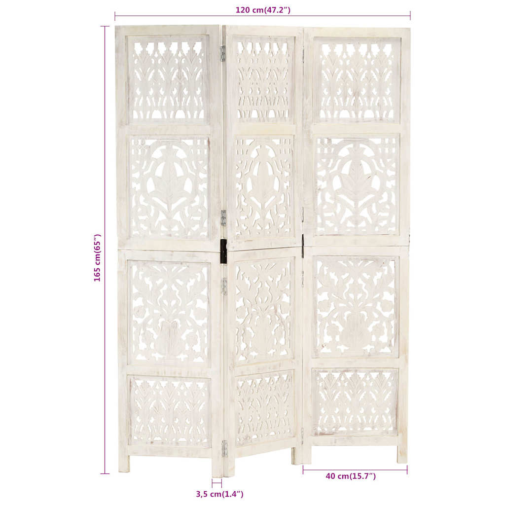 Hand carved 3-Panel Room Divider White 120x165 cm