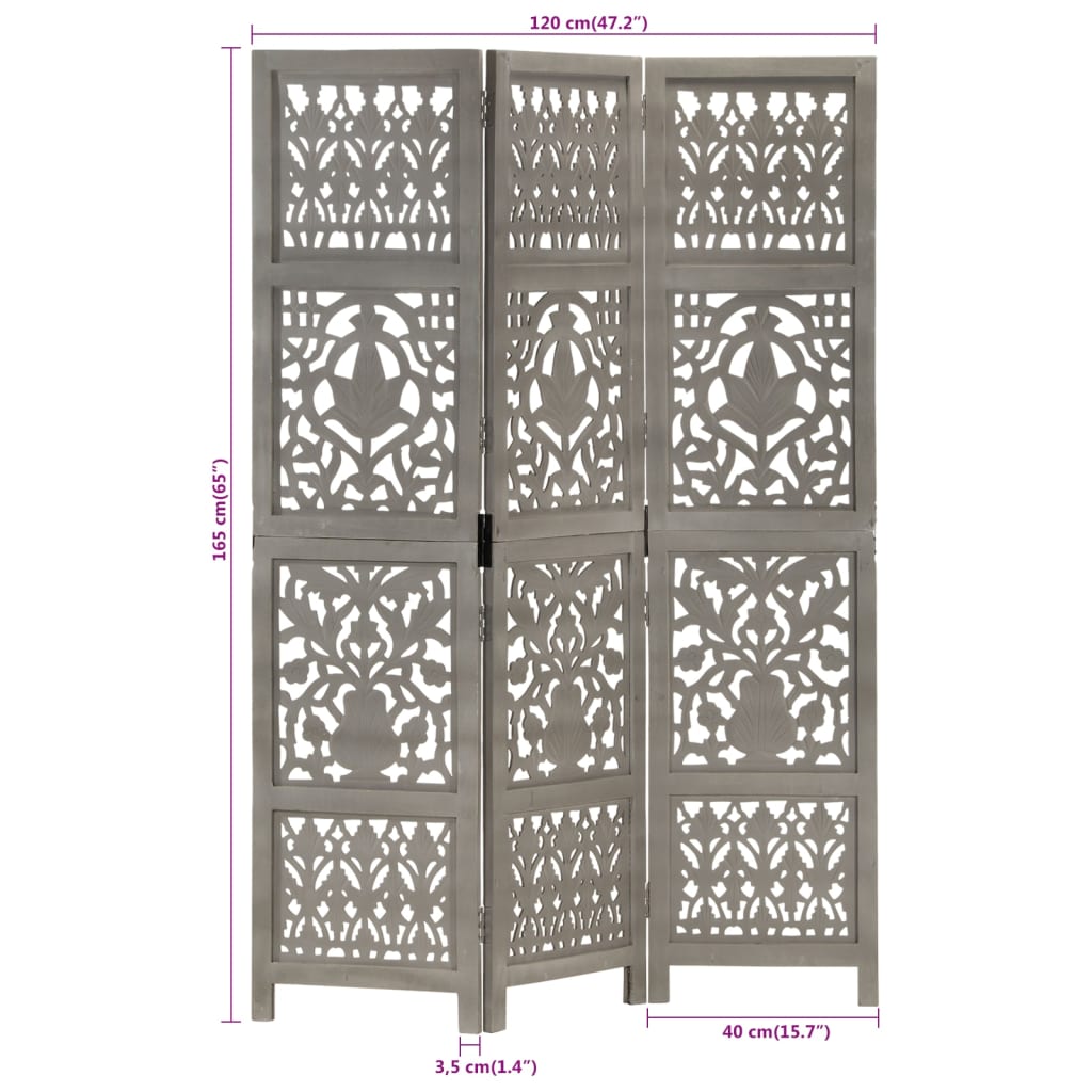 Hand Carved 3-Panel Room Divider Grey 120x165 cm Solid Mango Wood
