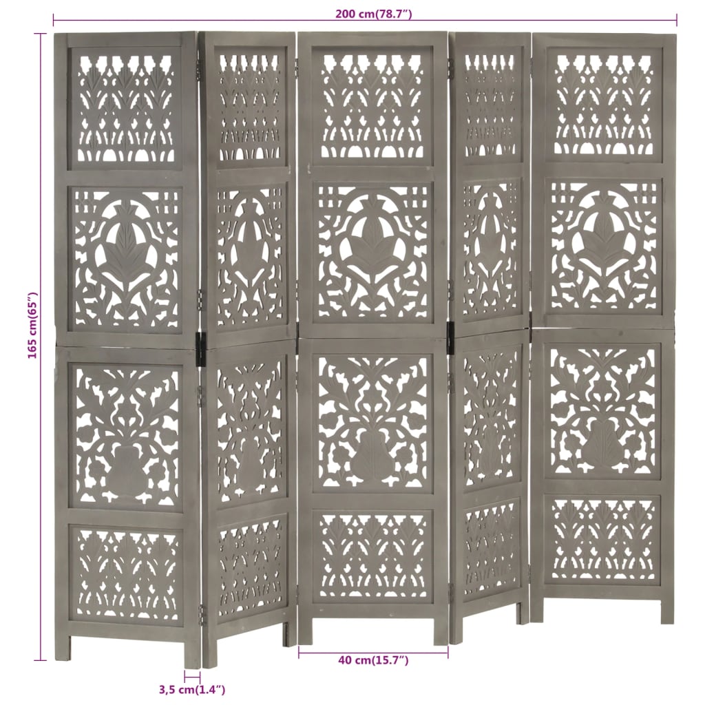 Hand Carved 5-Panel Room Divider Grey 200x165 cm