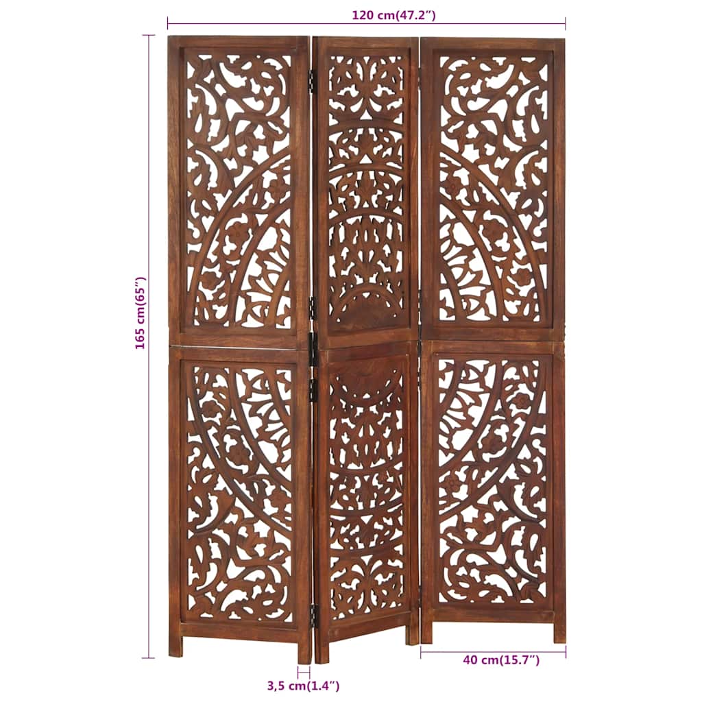 Hand carved 3-Panel Room Divider Brown 120x165 cm