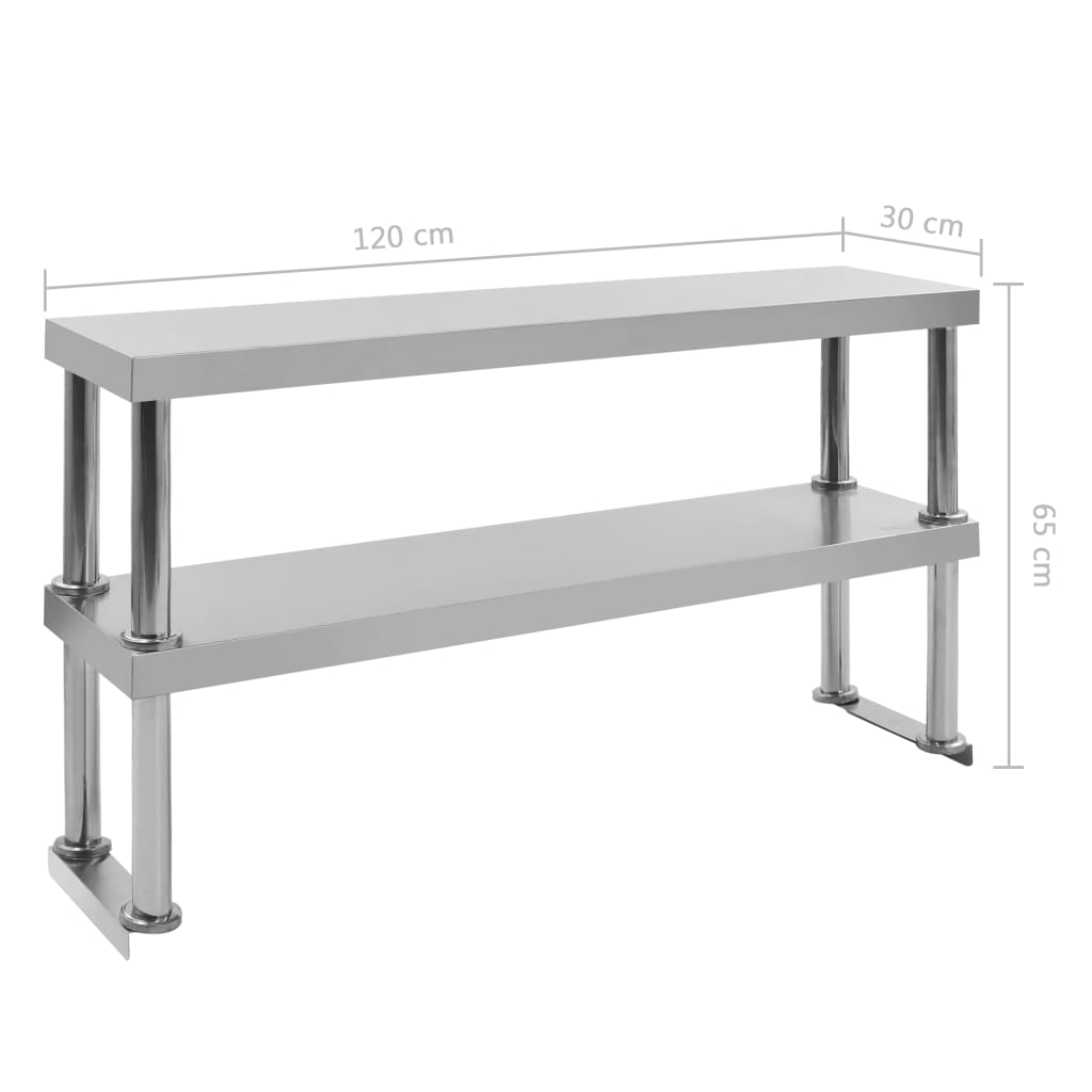 51193 vidaXL 2-Tier Work Table Overshelf 120x30x65 cm Stainless Steel