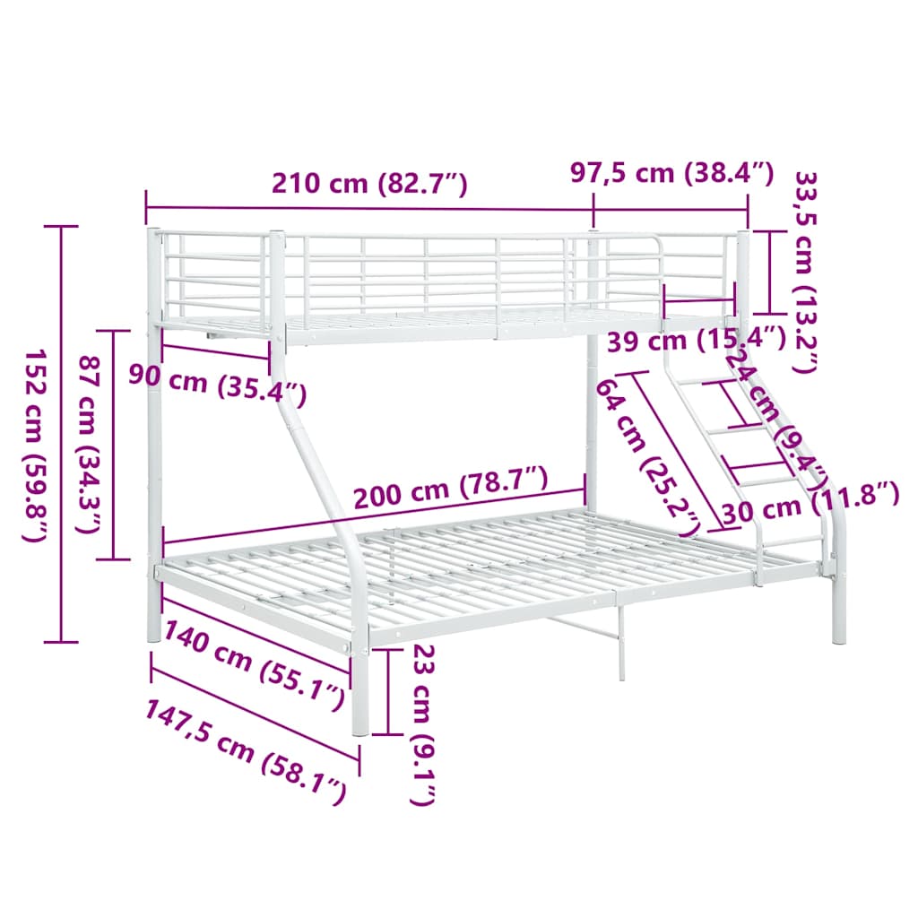 Bunk Bed Frame without Mattress White Metal 140x200cm/90x200cm