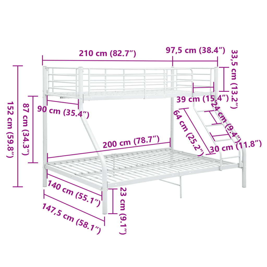 Bunk Bed | White | Powder-Coated Metal | 90x200 cm / 140x200 cm