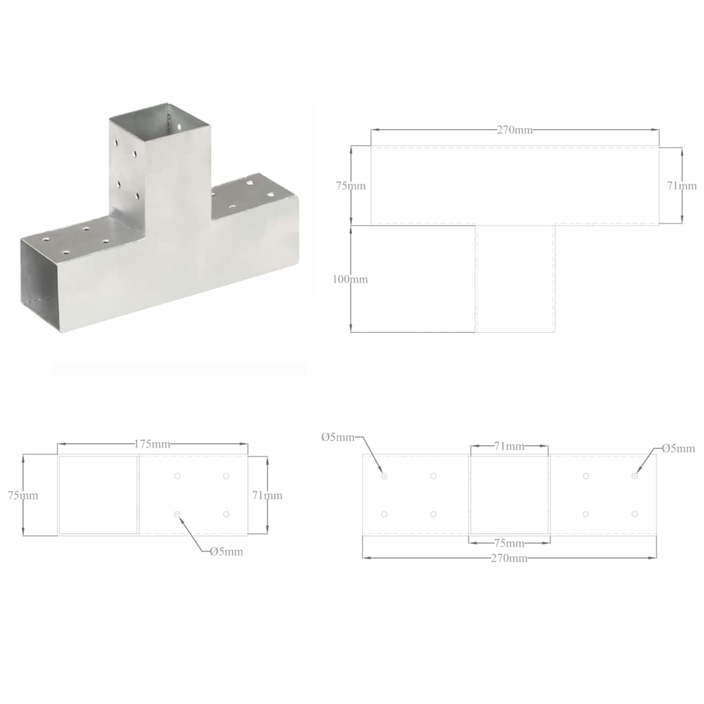 145456 vidaXL Post Connectors 4 pcs T Shape Galvanised Metal 71x71 mm
