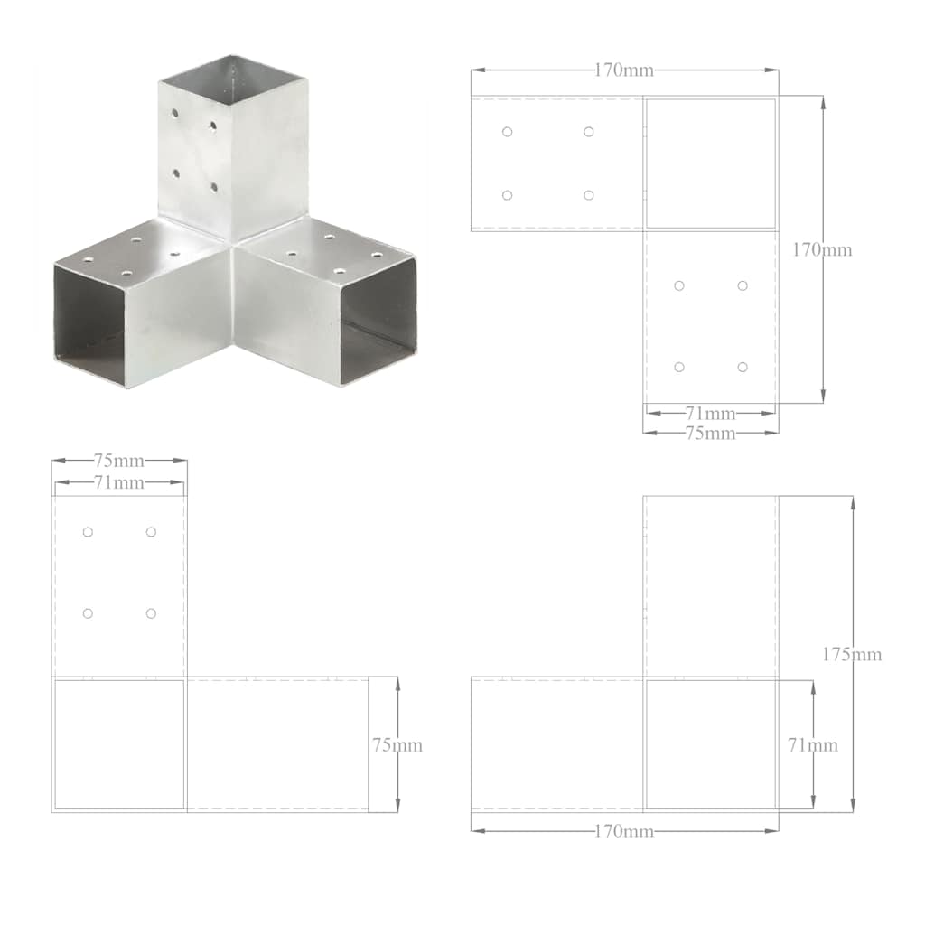 145458 vidaXL Post Connectors 4 pcs Y Shape Galvanised Metal 71x71 mm