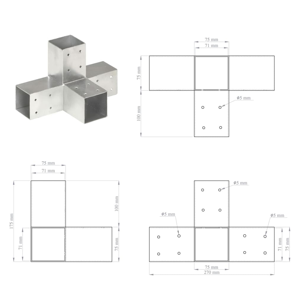 145460 vidaXL Post Connectors 4 pcs X Shape Galvanised Metal 71x71 mm