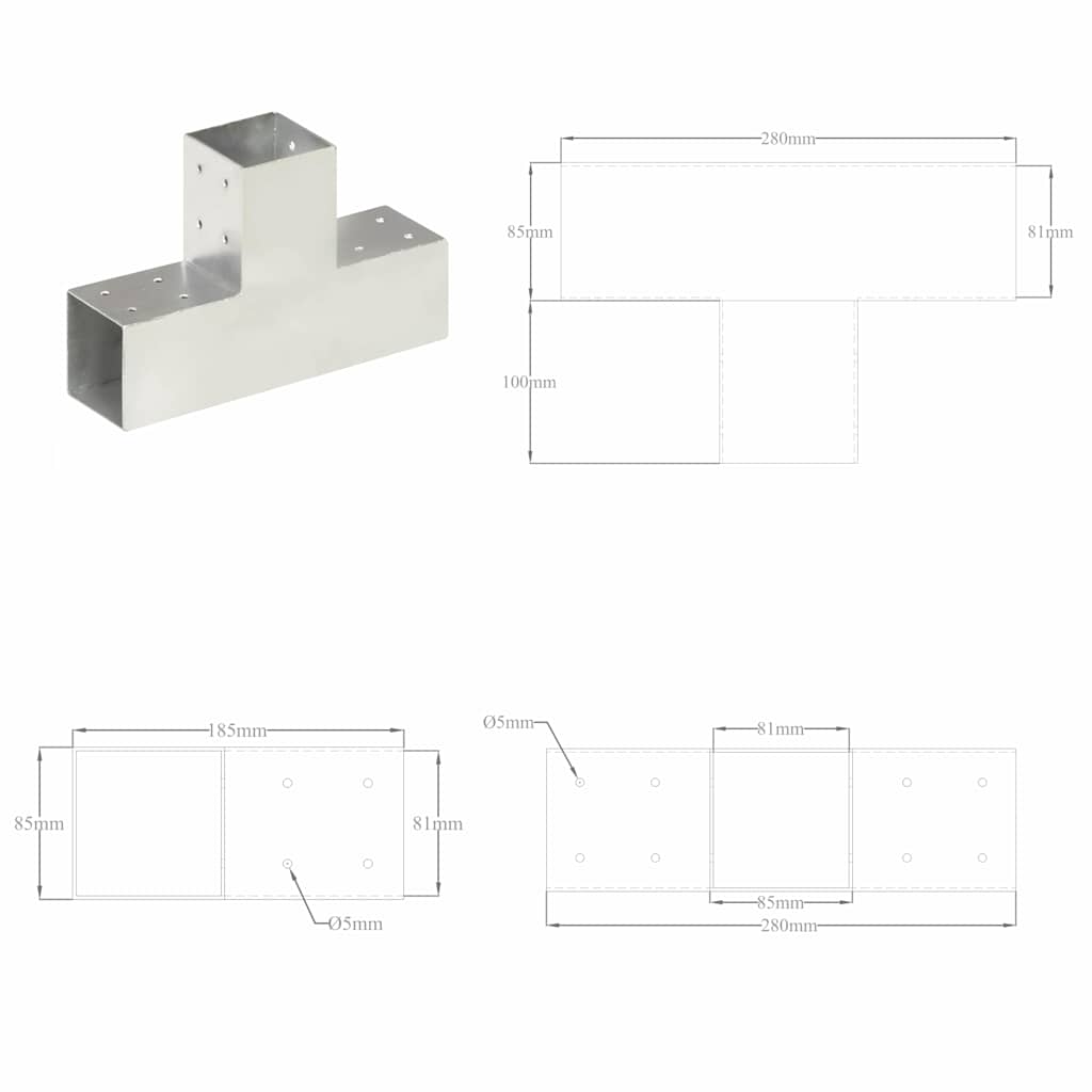 145464 vidaXL Post Connectors 4 pcs T Shape Galvanised Metal 81x81 mm