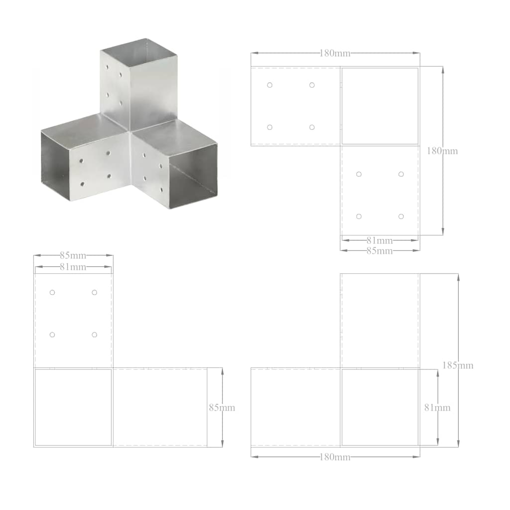 145466 vidaXL Post Connectors 4 pcs Y Shape Galvanised Metal 81x81 mm
