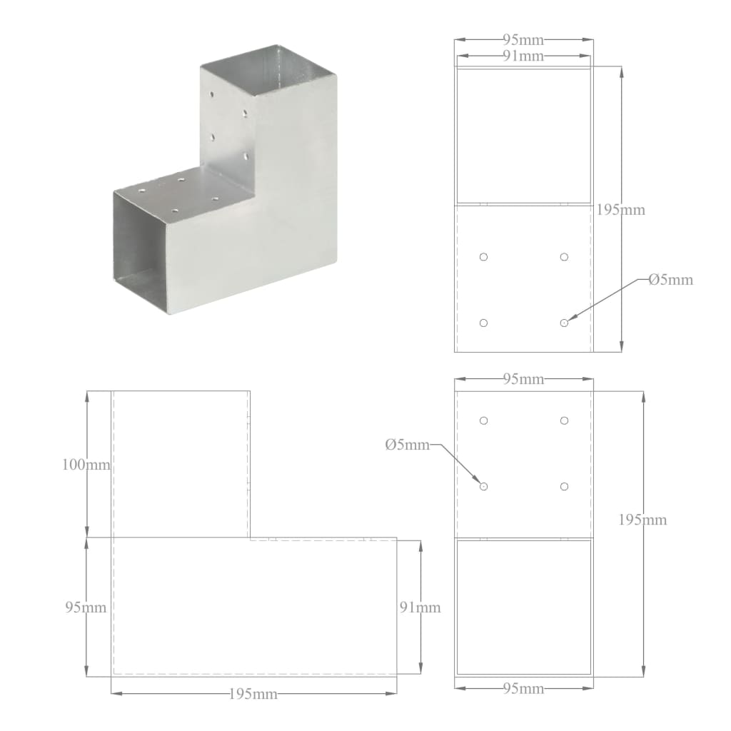 145470 vidaXL Post Connectors 4 pcs L Shape Galvanised Metal 91x91 mm