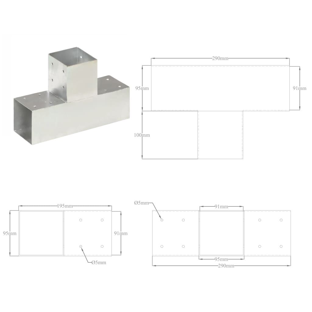 145472 vidaXL Post Connectors 4 pcs T Shape Galvanised Metal 91x91 mm