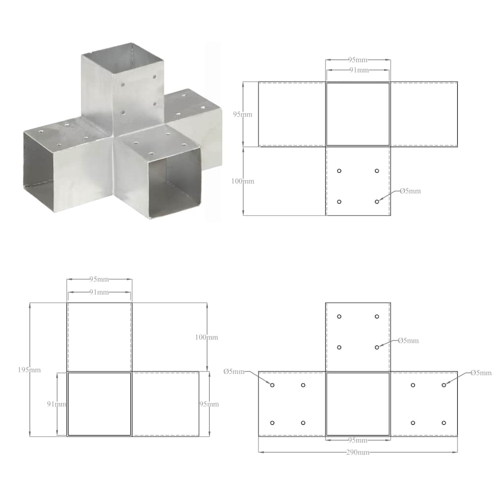 145476 vidaXL Post Connectors 4 pcs X Shape Galvanised Metal 91x91 mm